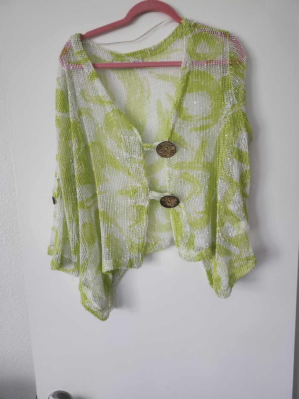 Nina Leonard Lime and White Open-Weave Button Front Cardigan